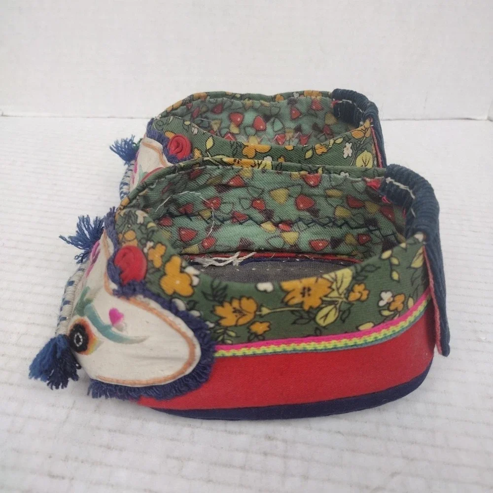 Rare 19th Century Chinese Childs Hand Embroidered Shoes Floral Animal Eyes